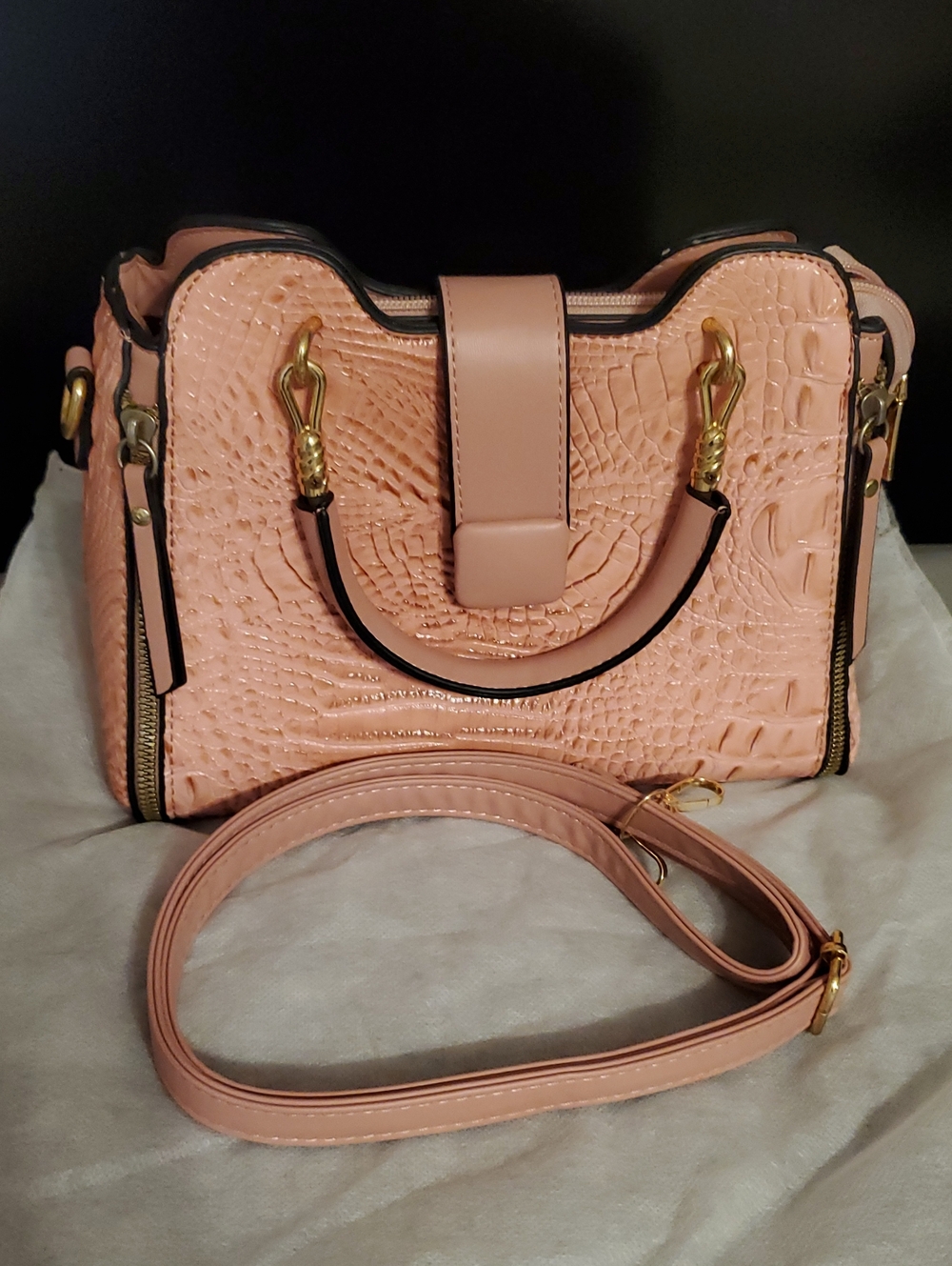 Peach Croc-Embossed Satchel Bag with Gold Hardware